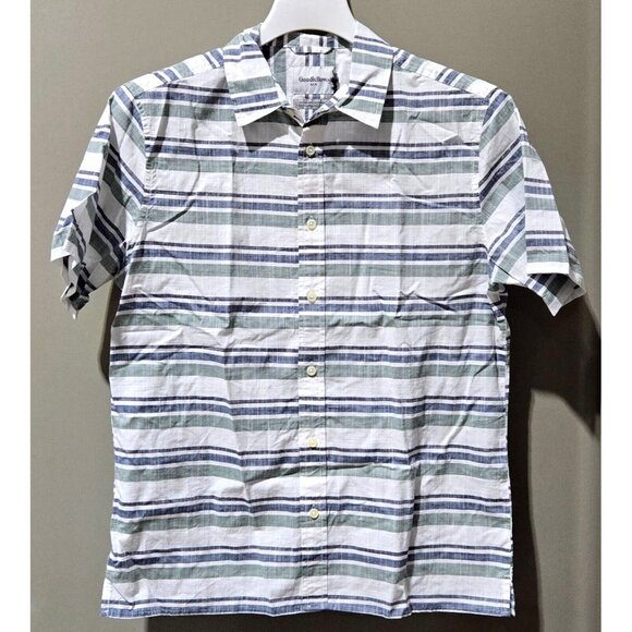 Goodfellow Men's Medium 38/40 White Navy & Gren Striped SS Button Front Shirt - Picture 1 of 8